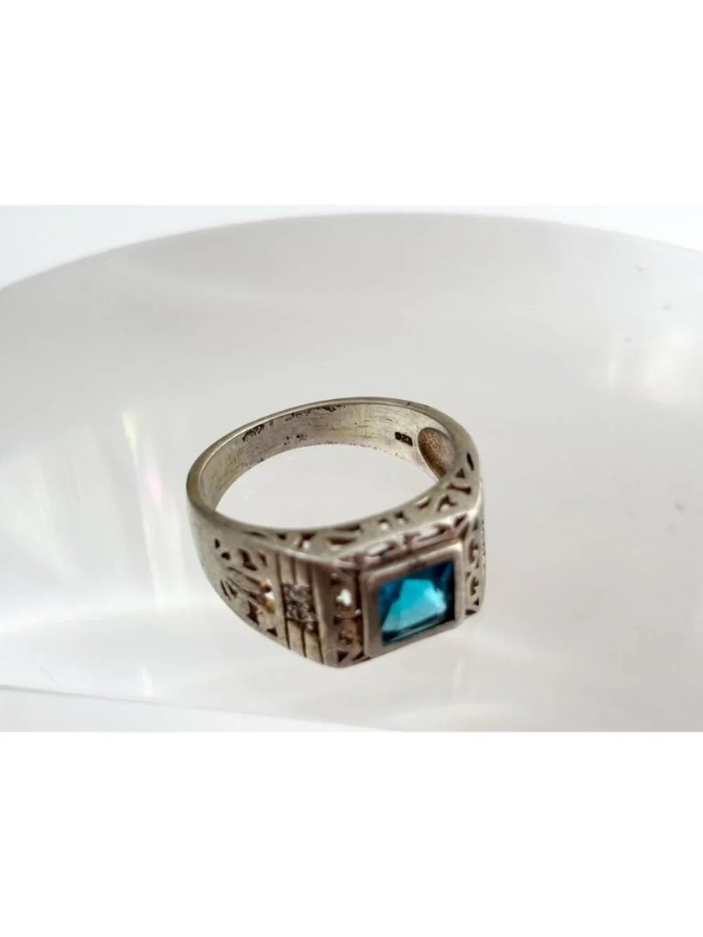 Blue Topaz Tapered Square Cut Cutout Sterling Silver 925 Vintage Ring - sz 9.5